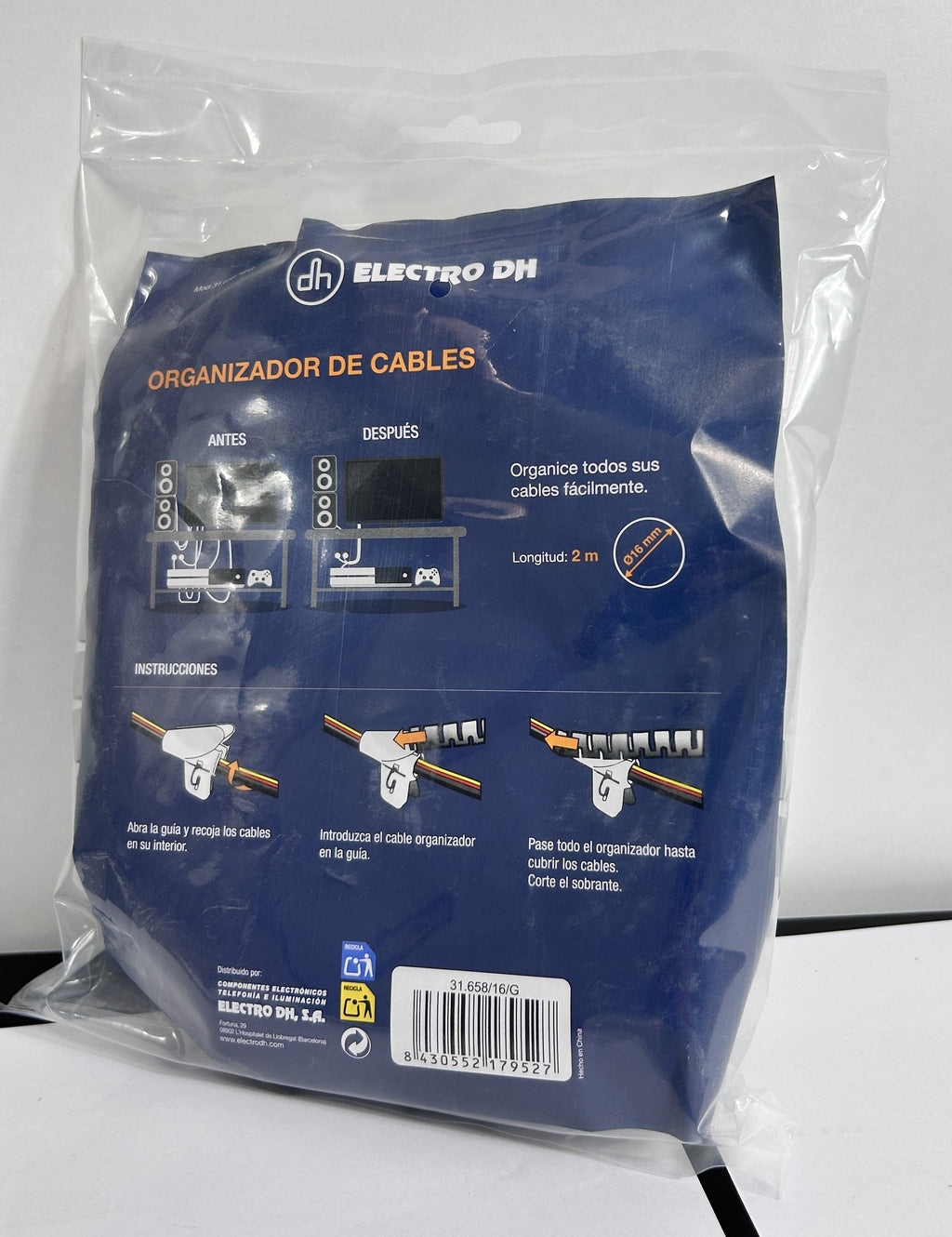 Organizador de Cables 2 m x 16 mm Gris para Instalaciones y Gestión de Cables