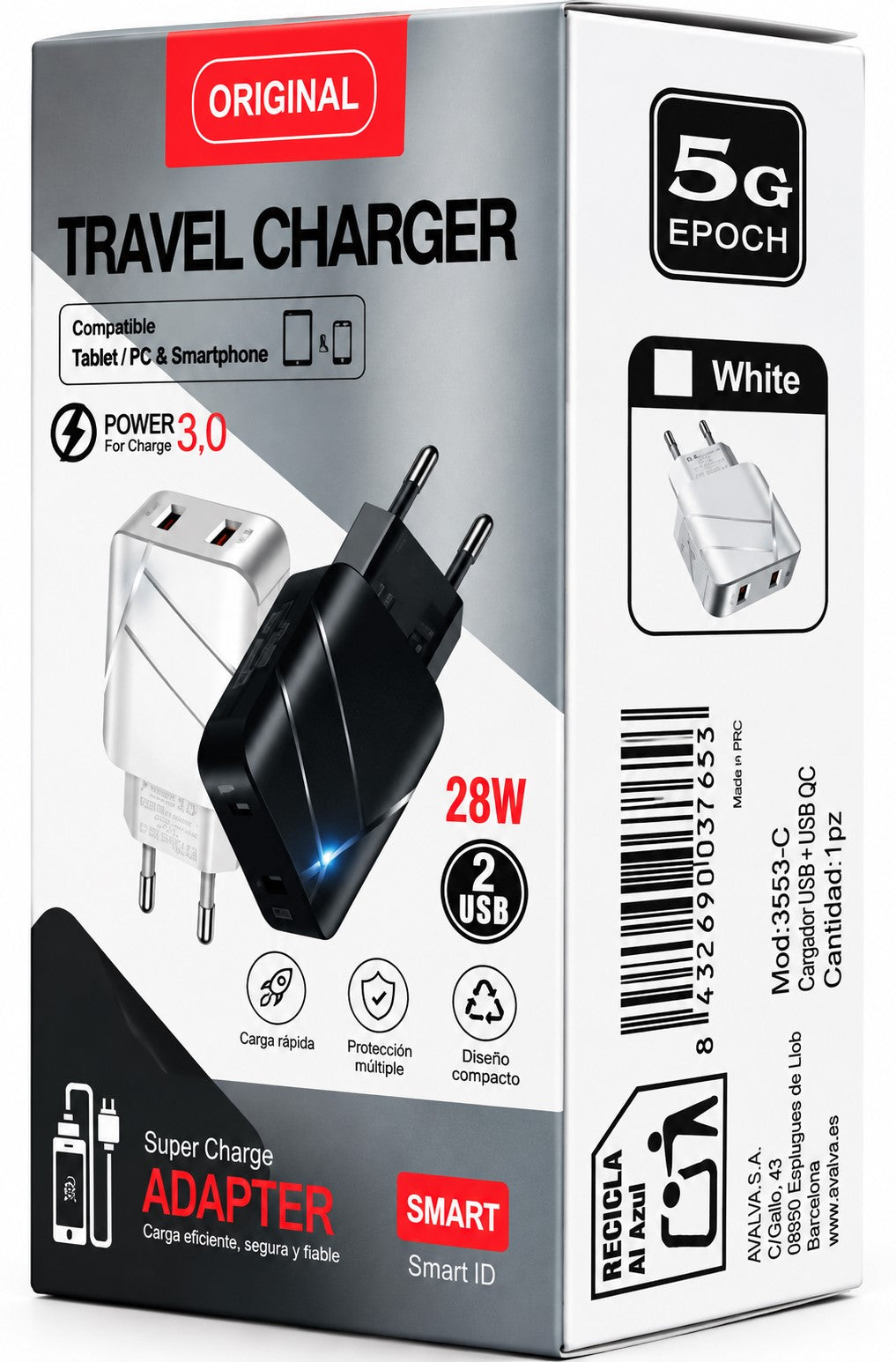 Cargador Doble USB QC3.0 30W Carga Rápida para Red Blanco | Quick Charge 3.0