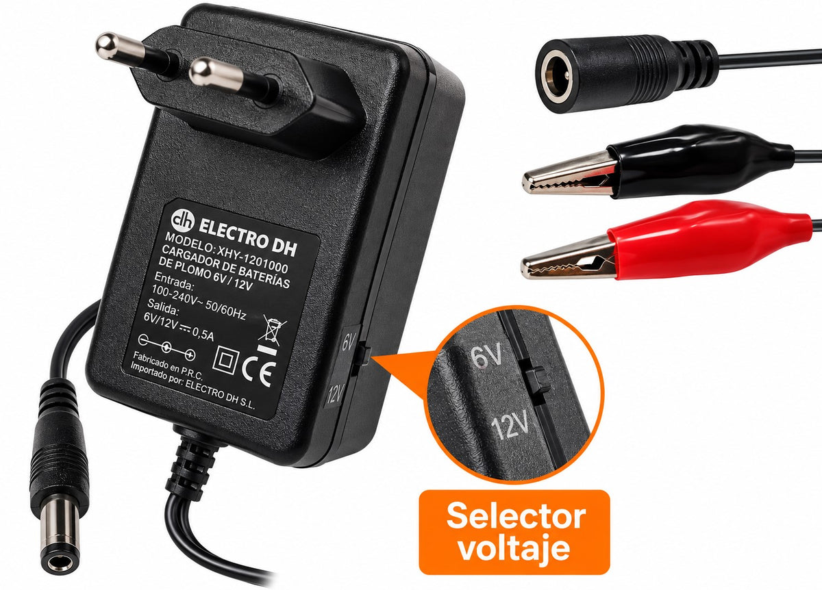Cargador Baterías de Plomo 6V/12V 500mA | Selector de Voltaje | Lead-Acid
