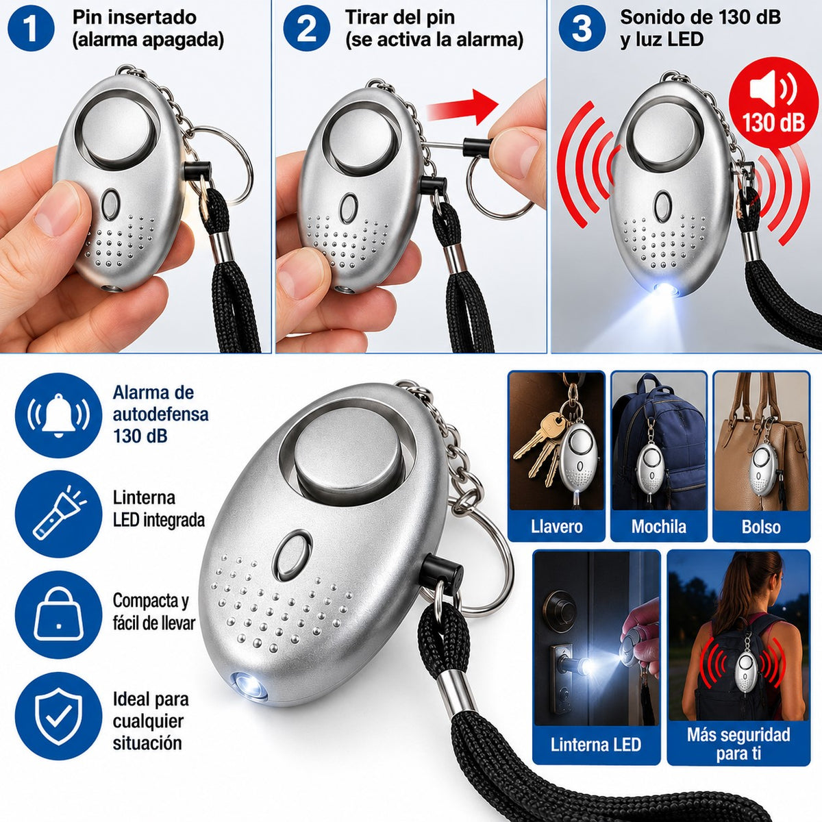 Alarma Personal Llavero 130 dB con Linterna LED | Compacta y Portátil