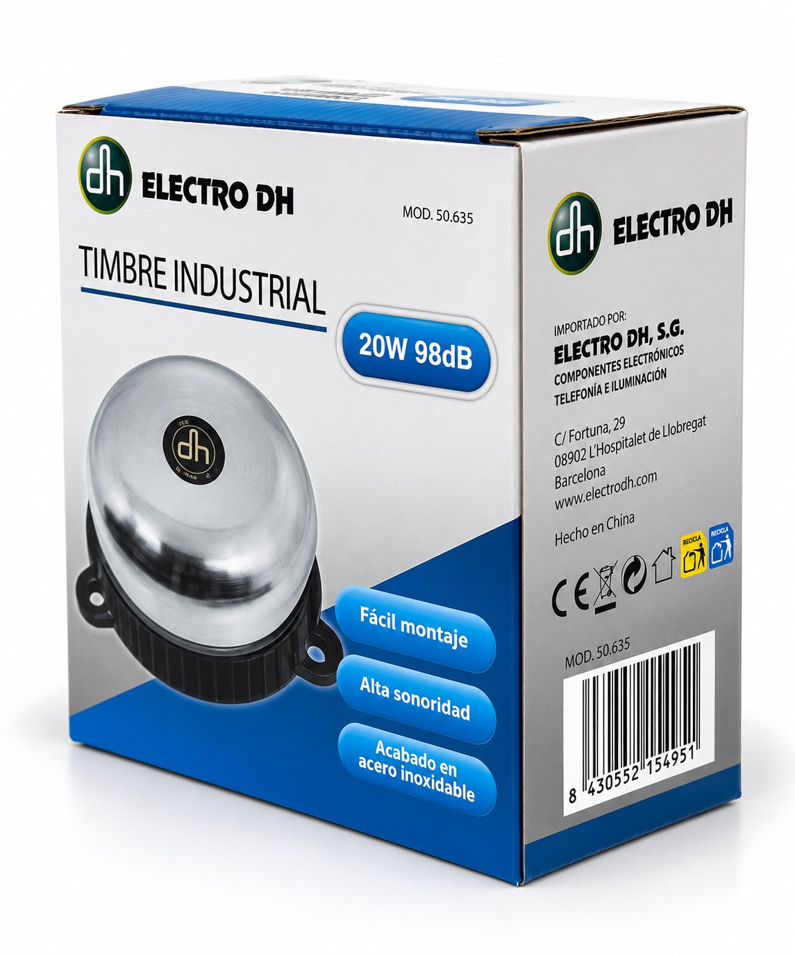 Timbre Eléctrico de Gran Sonoridad 98 dB 20W | 230V | Acero Inoxidable Ø100 mm