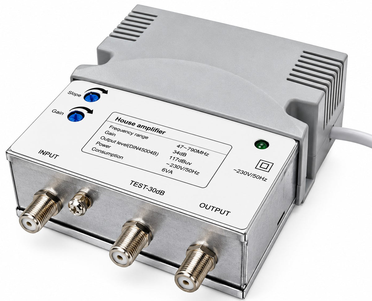 Amplificador de TV Banda Ancha 34 dB | TDT | Ajuste de Ganancia y Pendiente | 47-790 MHz