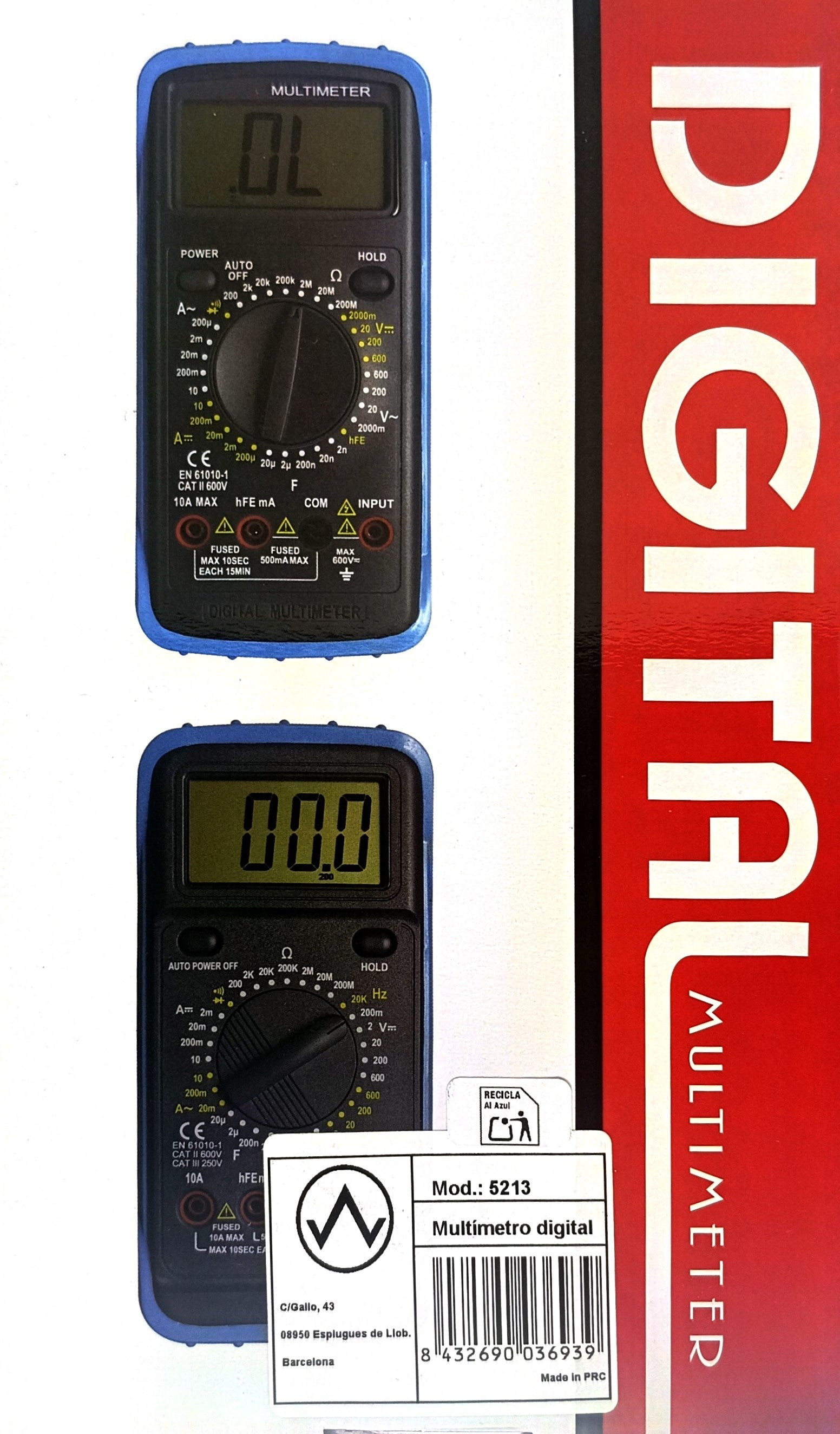 Multímetro Digital CAT II 10A 600V con Medidor de Transistores