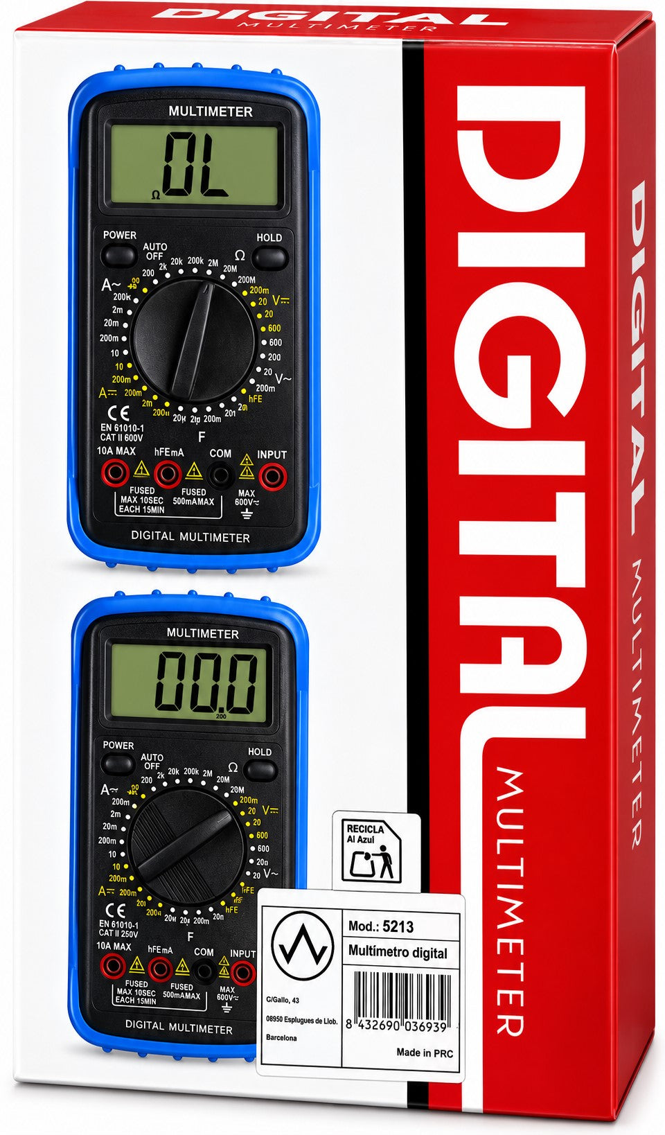 Multímetro Digital CAT II 10A 600V con Medidor de Transistores