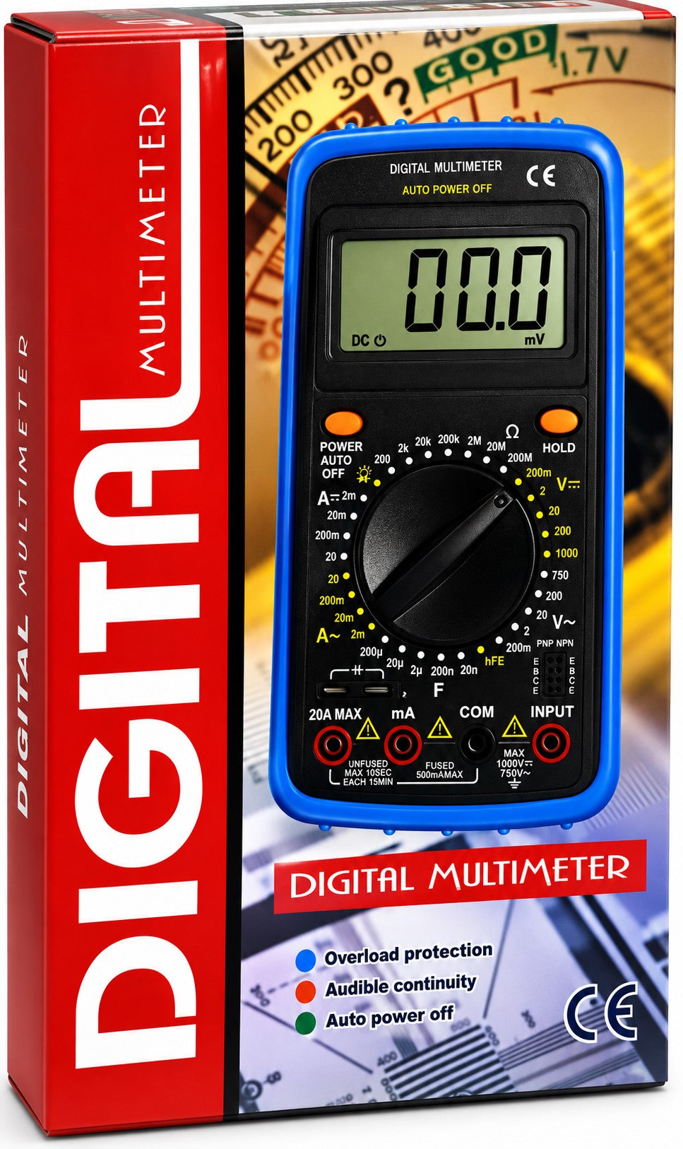 Multímetro Digital CAT II 10A 600V con Medidor de Transistores
