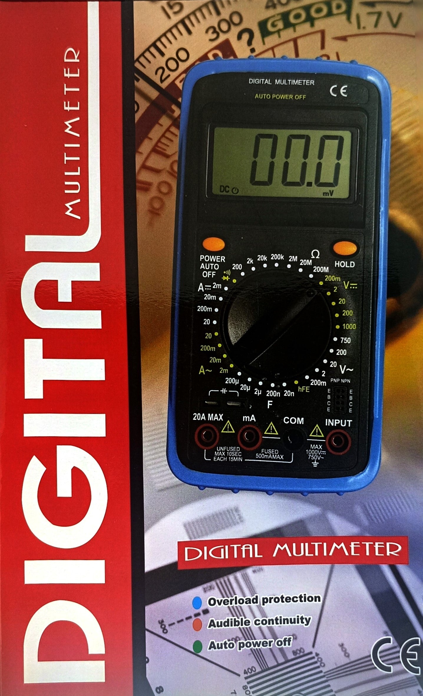 Multímetro Digital CAT II 10A 600V con Medidor de Transistores