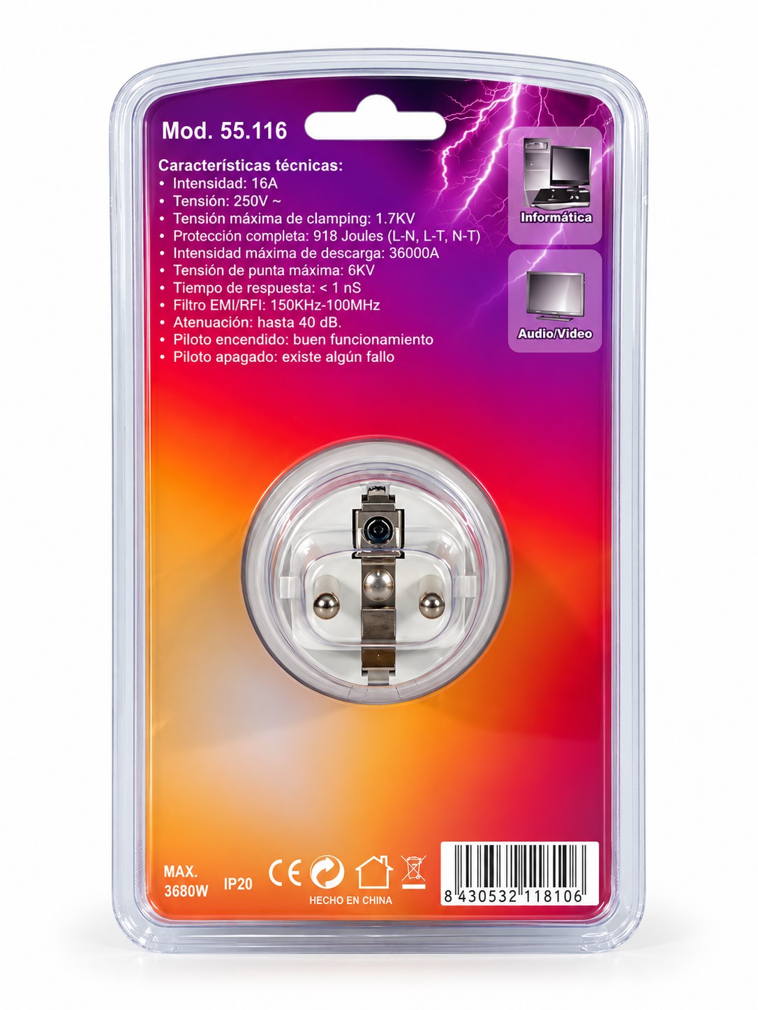 Protector de Sobretensiones 16A | Filtro EMI/RFI | 714 J | Protección para Equipos Eléctricos