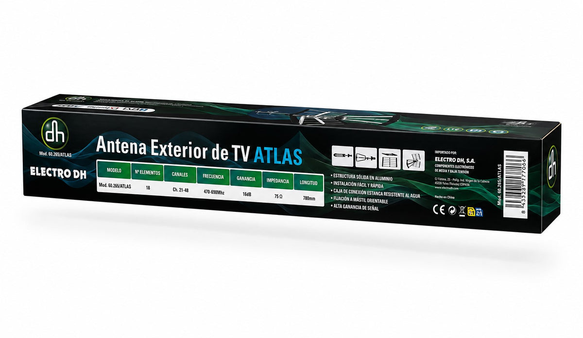 Antena TV Exterior TDT ATLAS 18 Elementos – 16 dB | Canales 21-48 | 470-698 MHz