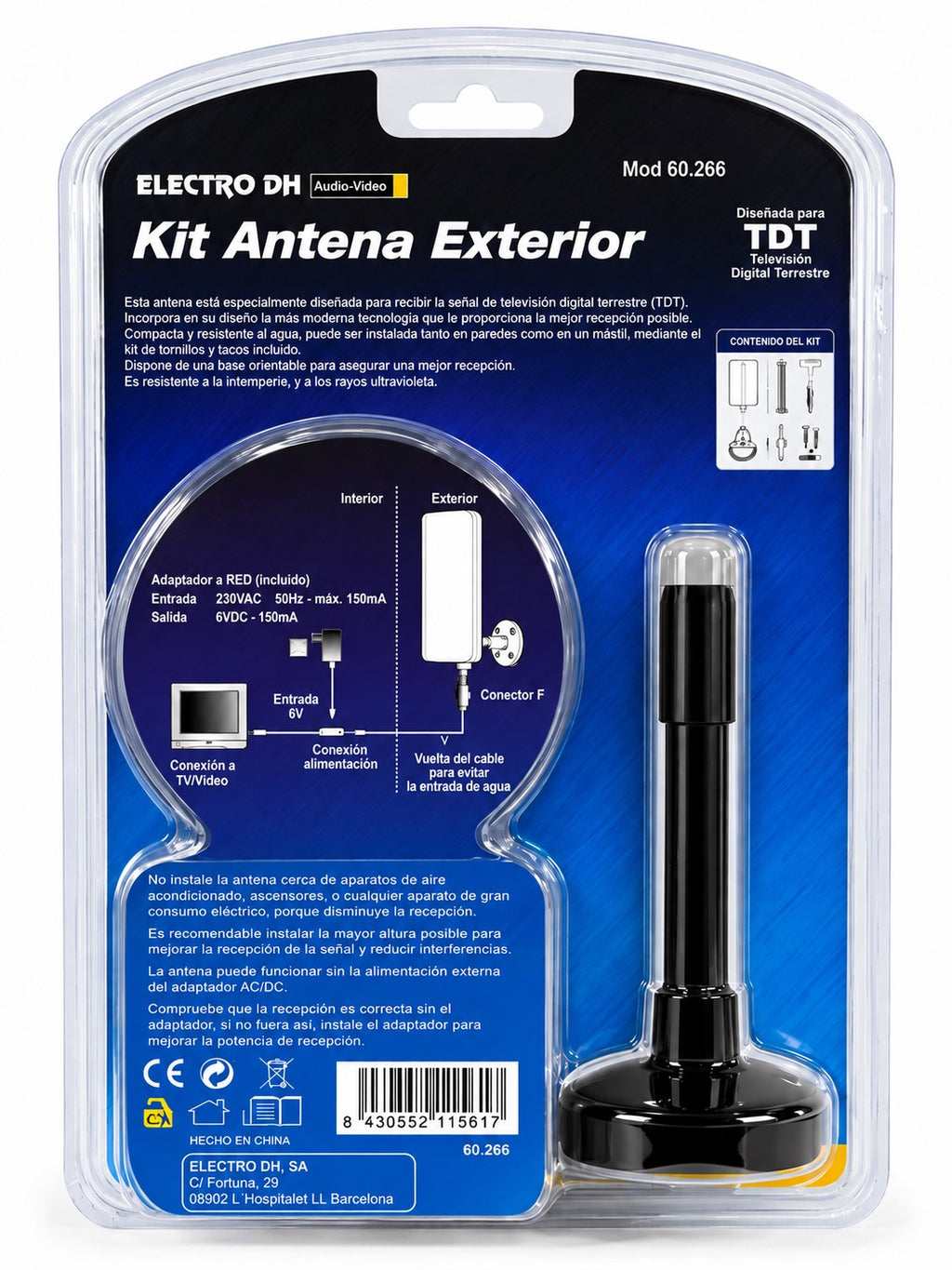 Antena TV Exterior Amplificada 20 dB UHF/VHF | Caravanas, Balcones y Ventanas | 40-790 MHz