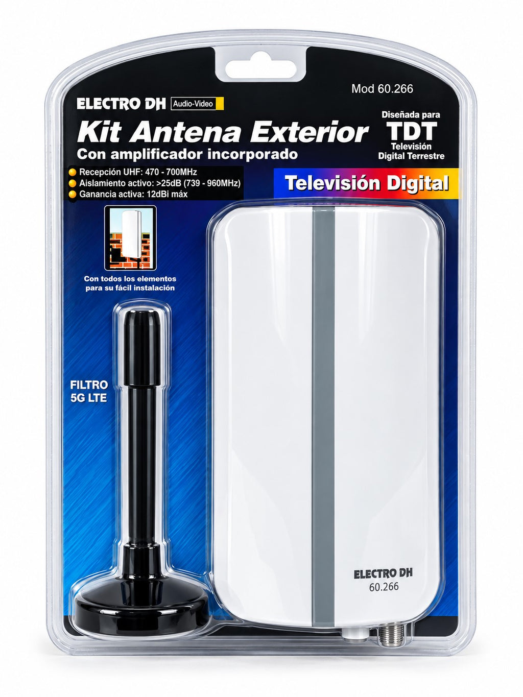 Antena TV Exterior Amplificada 20 dB UHF/VHF | Caravanas, Balcones y Ventanas | 40-790 MHz