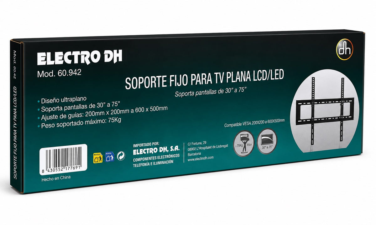 Soporte TV Fijo Universal de 30 a 75 Pulgadas | Ultraplano VESA 600x500 | Hasta 75 kg