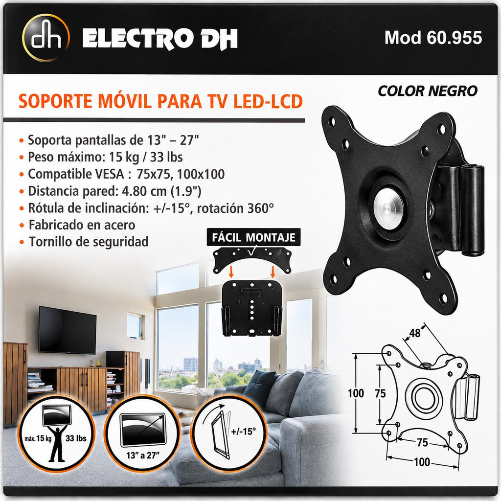 Soporte Articulado para TV de 13" a 27" | VESA 75x75 / 100x100 | Inclinación ±15° y Rotación 360°