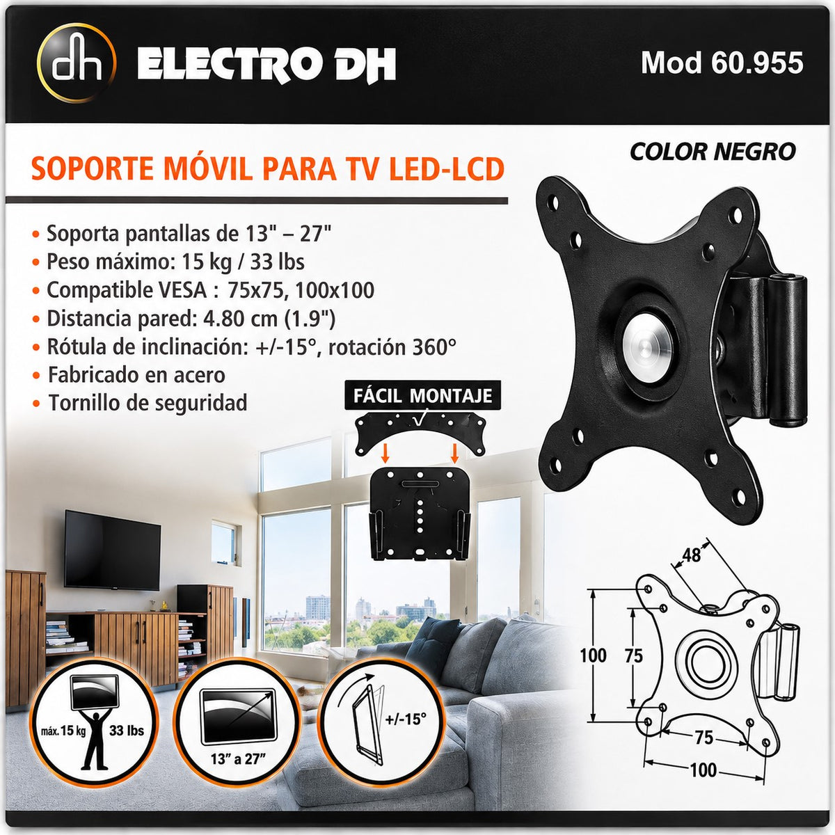 Soporte Articulado para TV de 13" a 27" | VESA 75x75 / 100x100 | Inclinación ±15° y Rotación 360°