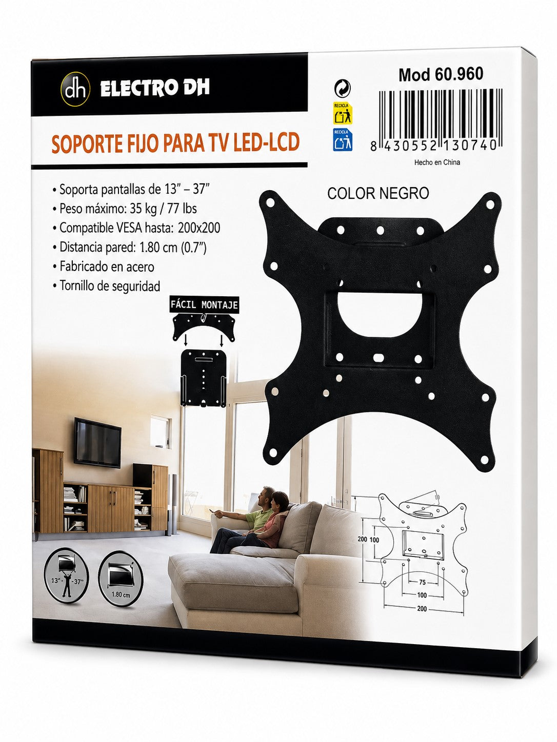 Soporte TV Fijo de Pared 13" a 37" | Acero Resistente | VESA 200×200, 35 kg y Diseño Ultraplano