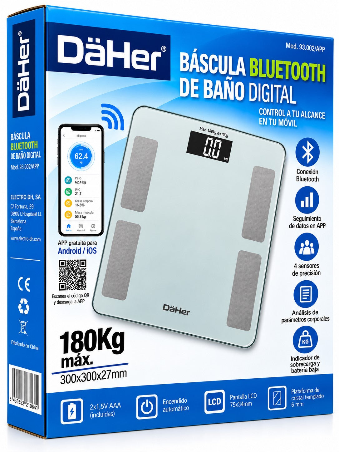 Báscula de Baño Digital Bluetooth 180 kg | APP Android/iOS | Cristal Templado | Precisión 100 g