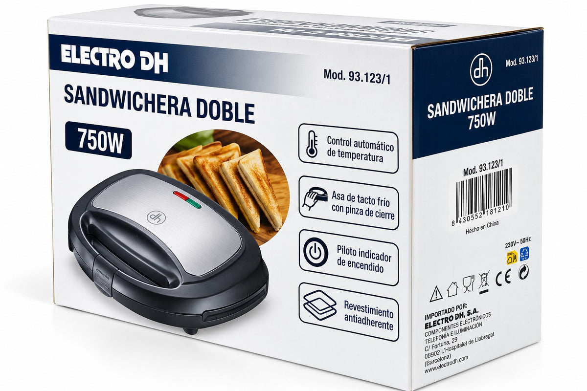 Sandwichera Doble 750W-230V| 2 Sándwiches | Placas Antiadherentes | Control Automático de Temperatura