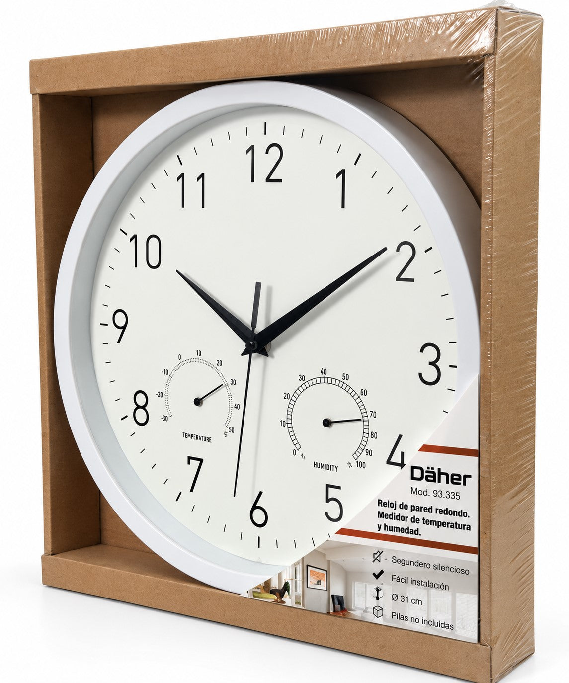 Reloj pared 31 cm, redondo, mide temperatura y humedad interior