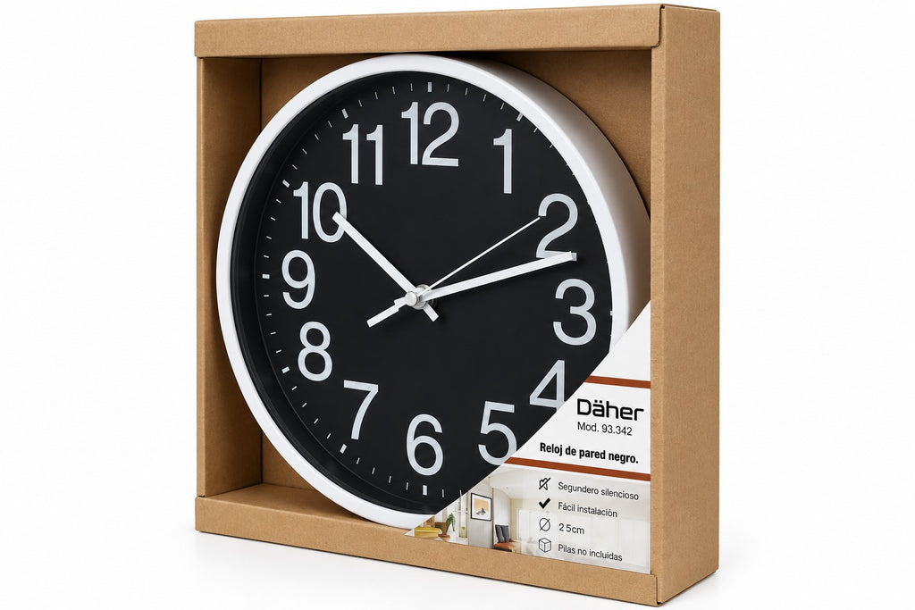 Reloj de Pared Redondo Ø25 cm | Negro | Segundero Silencioso | Números Grandes