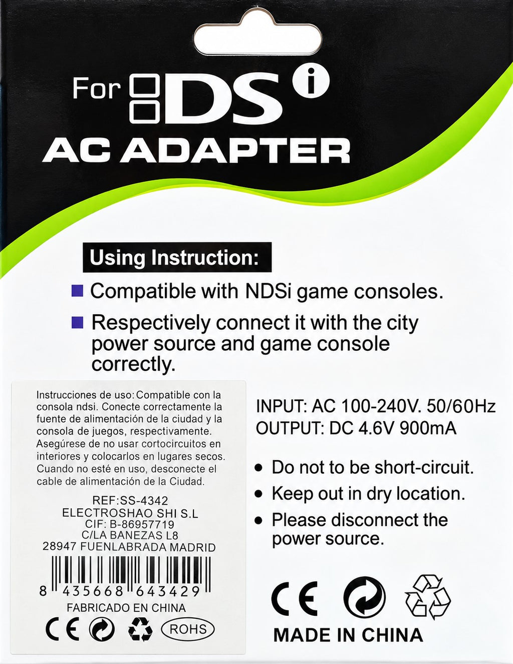 Cargador para Nintendo DSi y DSi XL | Adaptador de Corriente 4,6V 900mA | Compatible
