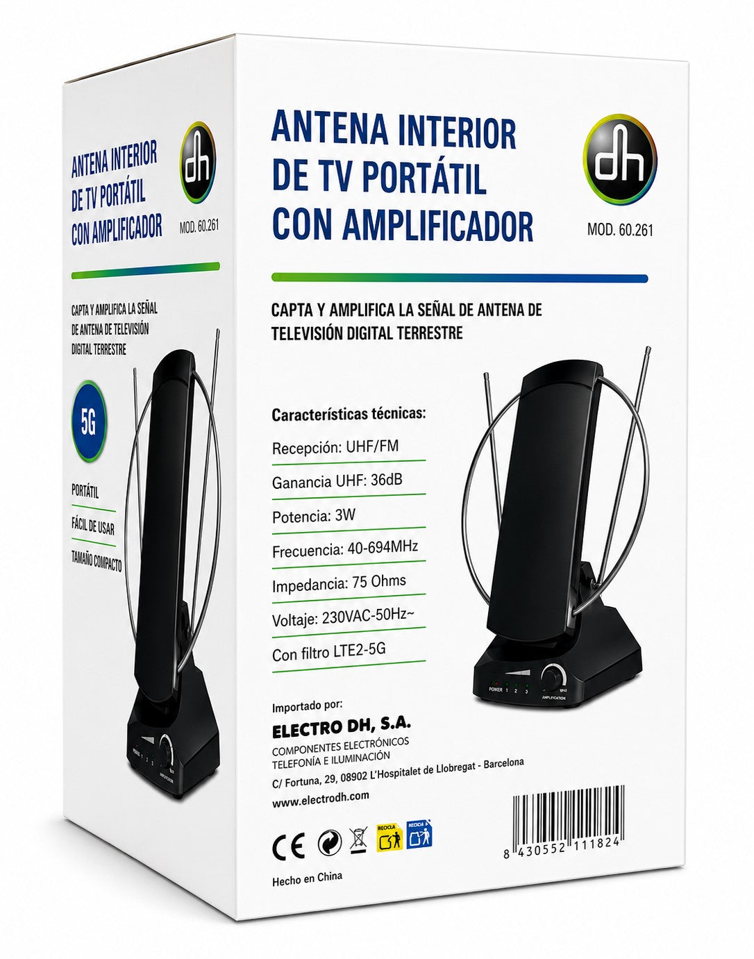 Antena TV Interior Amplificada 36 dB | UHF/VHF | Alimentación 230V