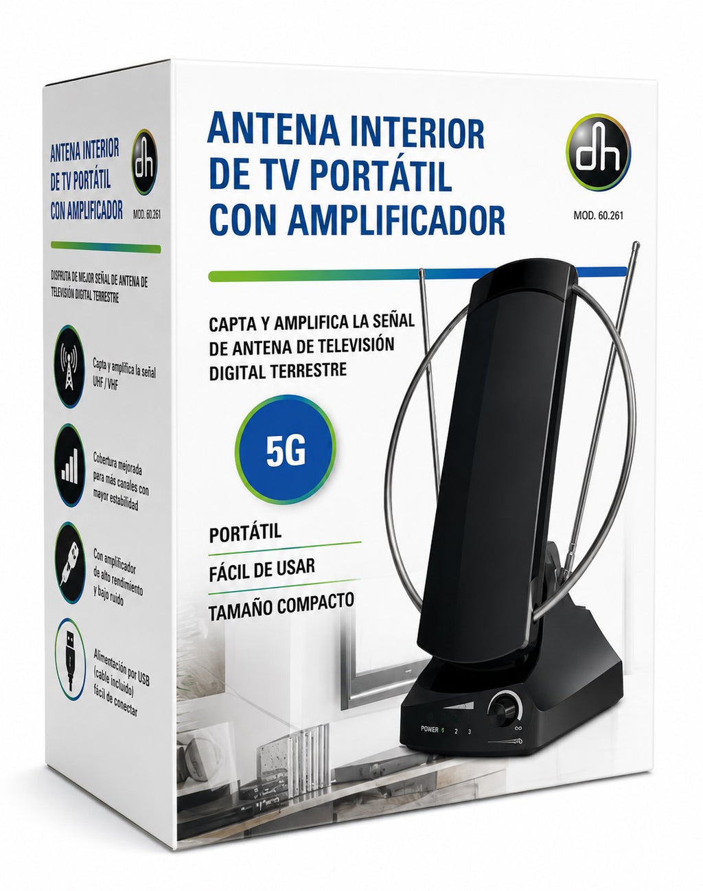 Antena TV Interior Amplificada 36 dB | UHF/VHF | Alimentación 230V
