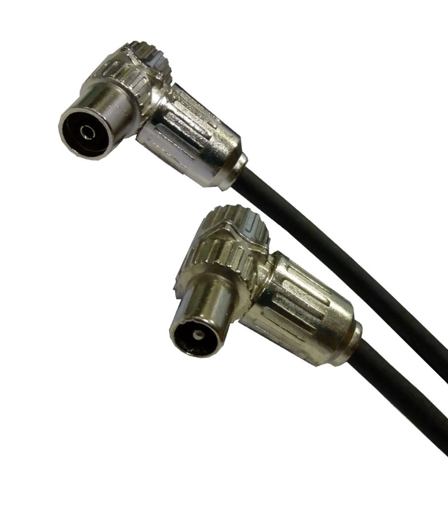 Conexión antena. TV macho 9,5mm acodado a TV hembra 9,5mm acodada metálicos con cable RG-59, 1,5m