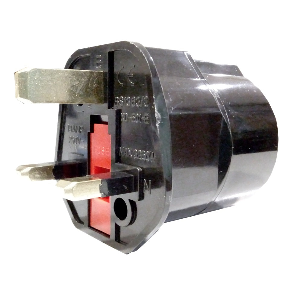 Convertidor clavija enchufe UK a Hembra SHUCKO -Europea, Uso temporal, 250V 13A,  3250W máx.
