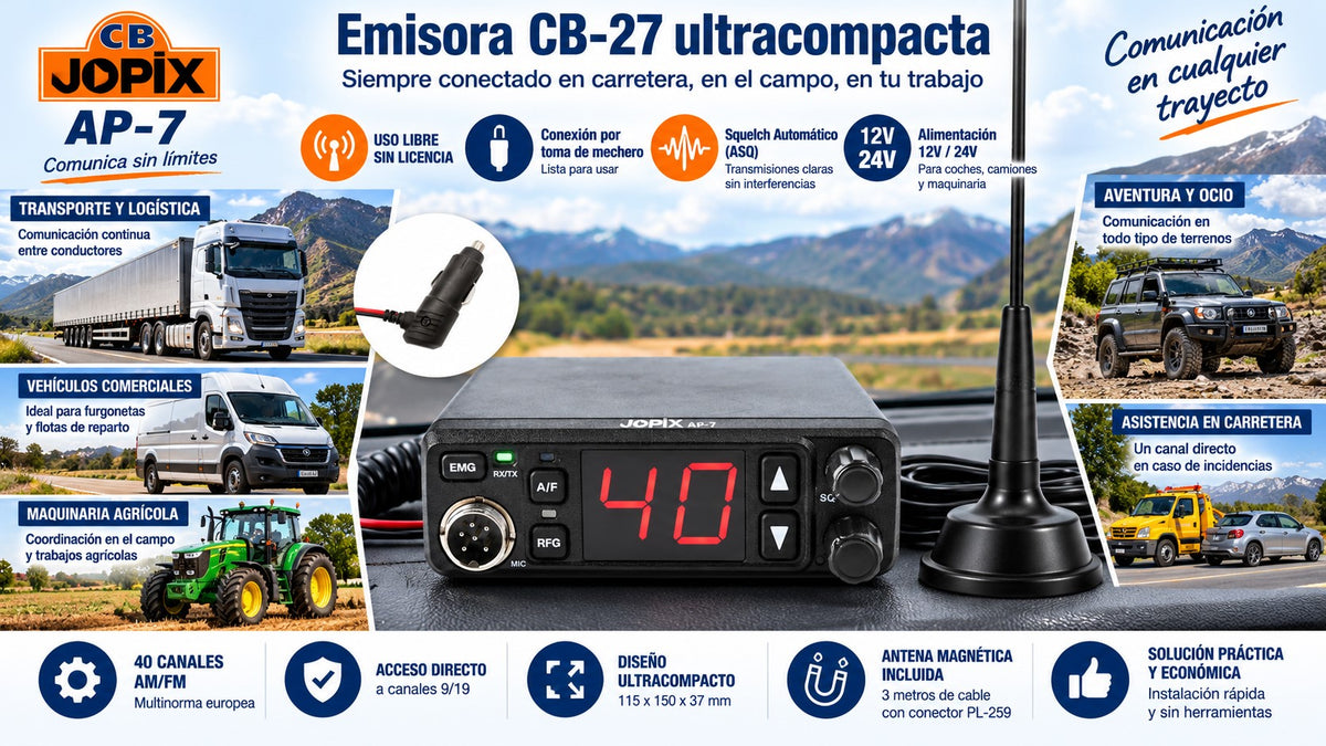 Emisora CB-27 Jopix AP-7 12/24V con Antena Magnética Jetfon MAG-7 – 40 Canales AM/FM | ASQ