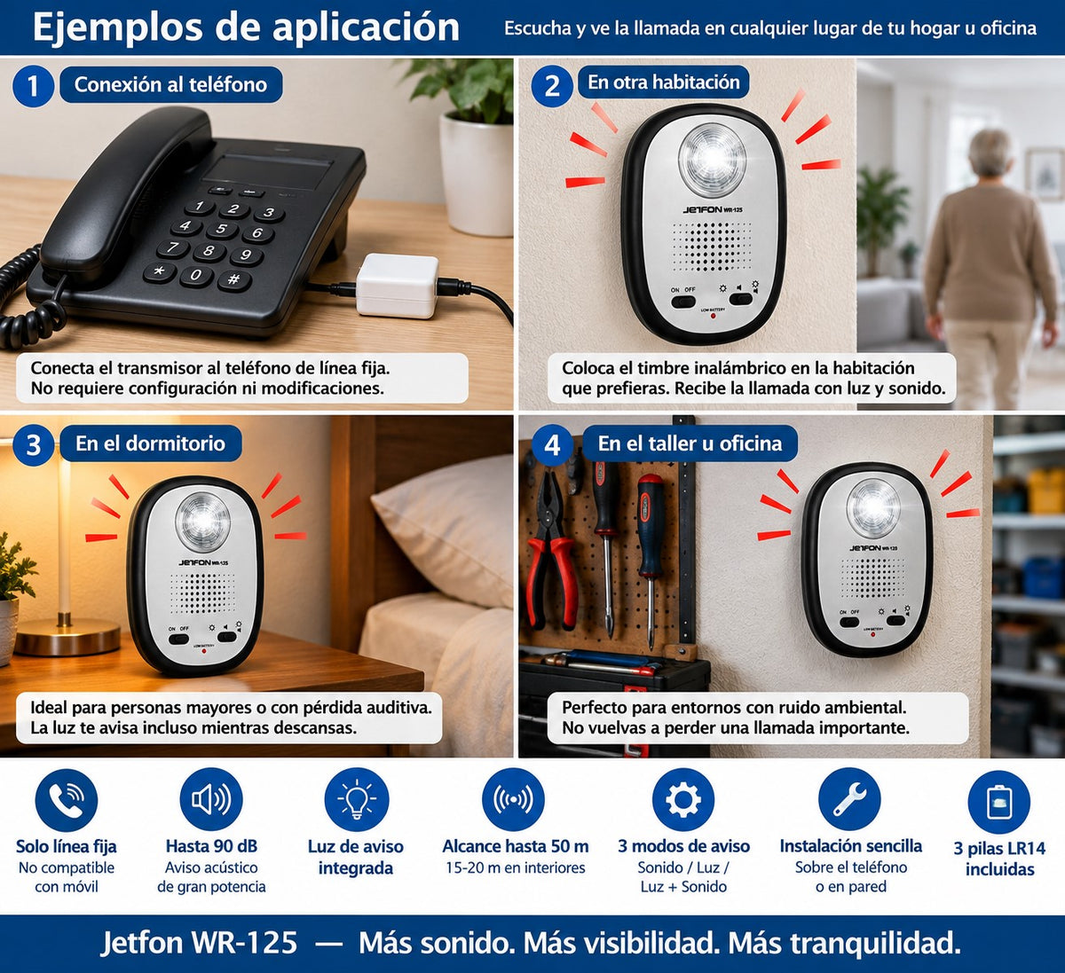 Timbre Telefónico Supletorio Inalámbrico Jetfon WR-125 | Luz y Sonido | Exclusivo Para Línea Fija