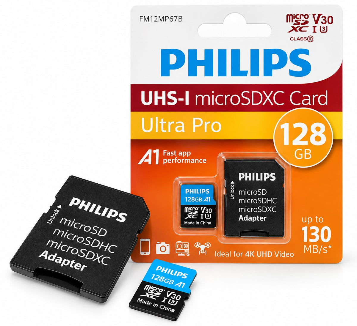 Tarjeta MicroSD Philips 128GB Ultra Pro | UHS-I U3 V30 A1 | Hasta 130 MB/s con Adaptador SD