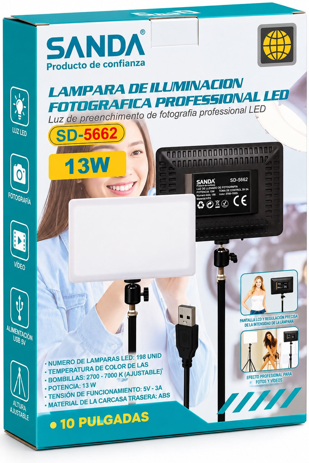 Panel LED Fotográfico de 10 Pulgadas | 13W | Luz Regulable de 2700K a 7000K | USB