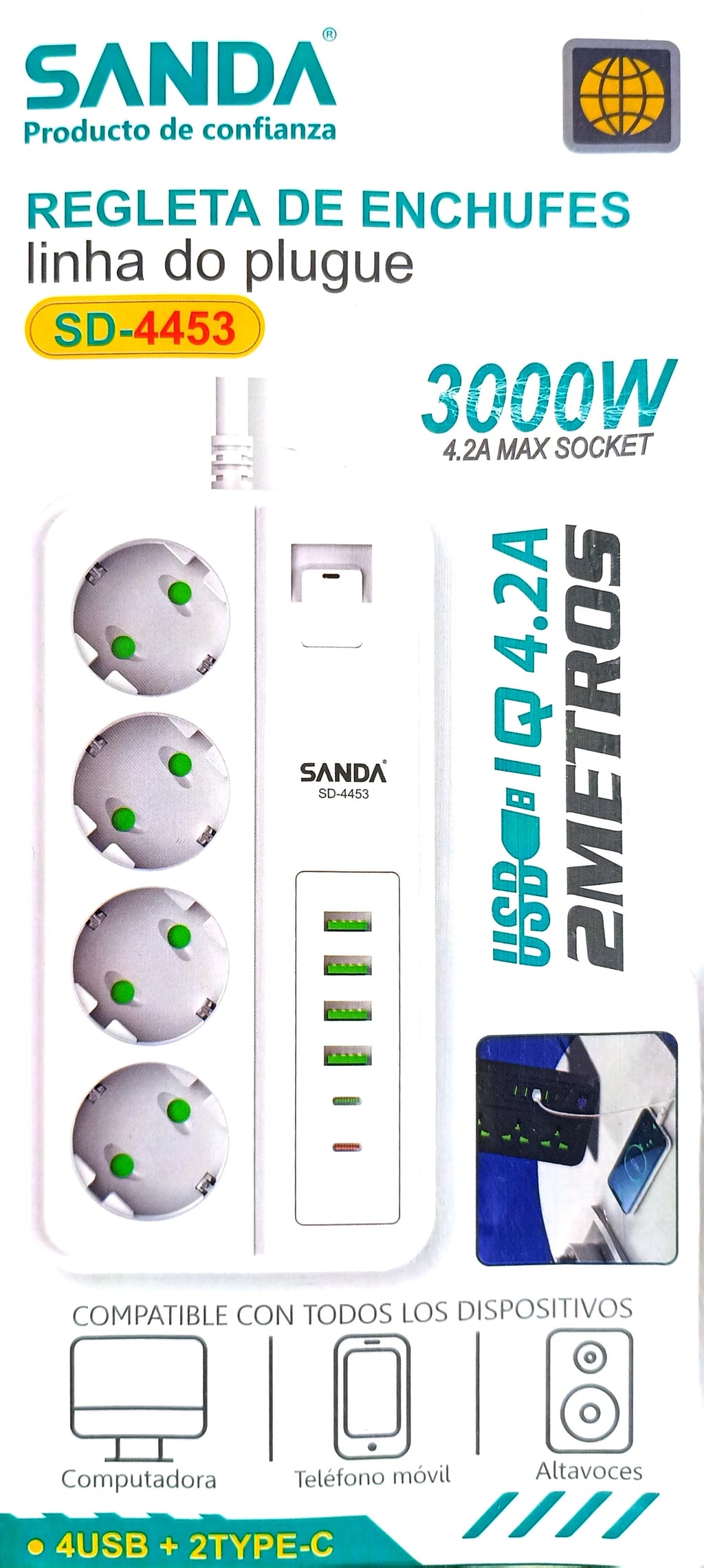 Regleta de Enchufes 3000W con 4 Tomas, 4 USB y 2 USB-C de Carga