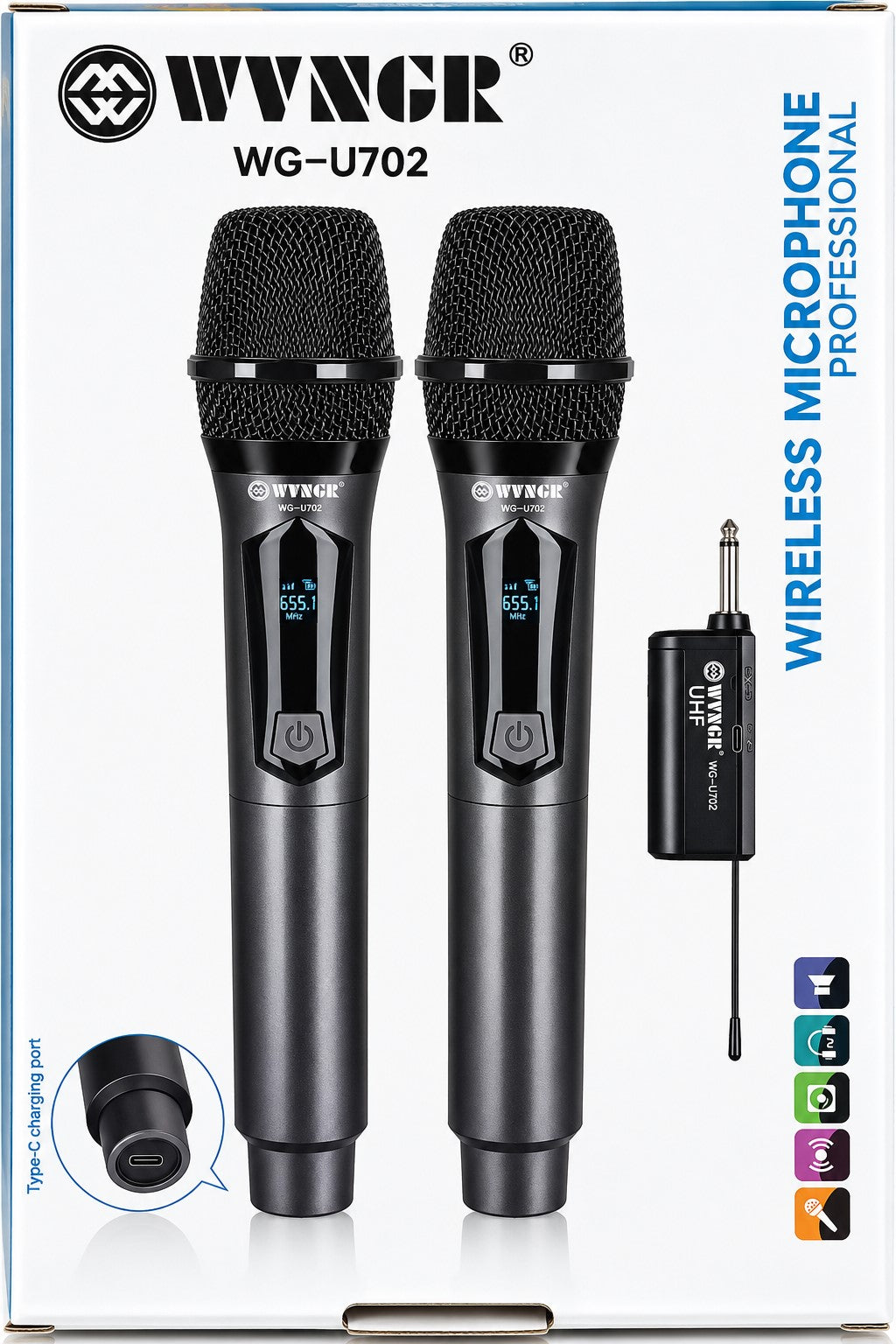 Micrófono Inalámbrico UHF WWNGR WG-U702 | Pack 2 Micrófonos + Receptor | Recargables USB-C