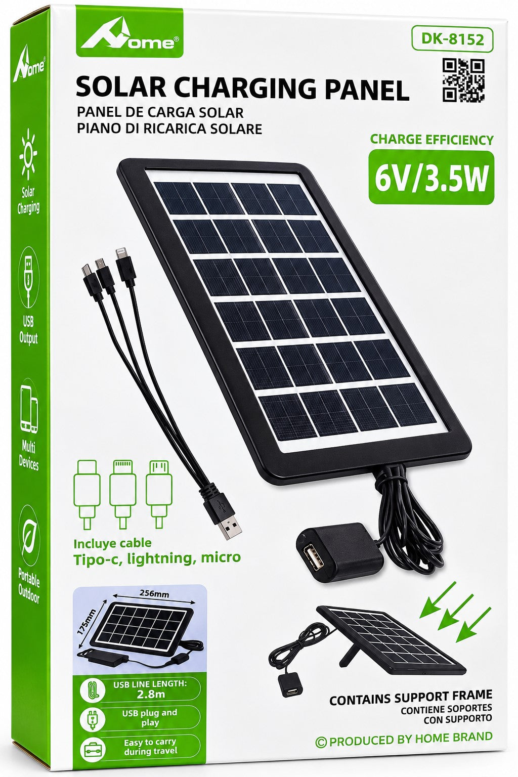 Panel Solar Portátil 6V 3,5W | Cargador USB con Soporte y Cable 3 en 1