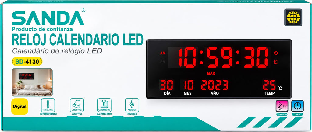 Reloj de Pared Digital LED 36 cm | Calendario, Temperatura y Alarma | Números Rojos