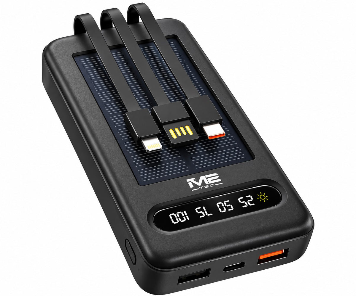 Power Bank Solar 20000mAh M2 TEC M-938 | Carga Rápida 22,5W | Cables Integrados y Pantalla LED