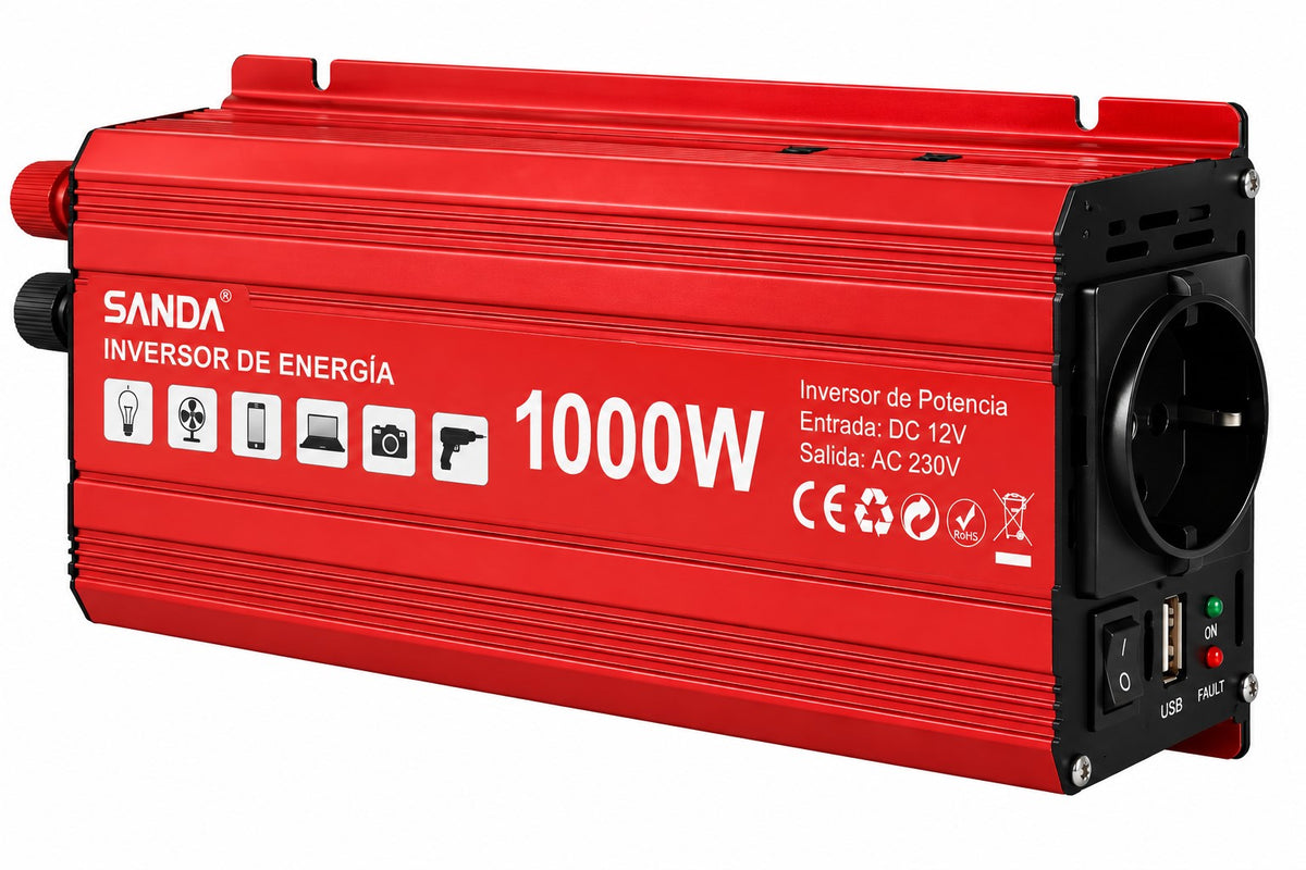 Inversor de Voltaje 1000W 12V a 230V – Onda Senoidal Modificada | USB y Pinzas para Batería