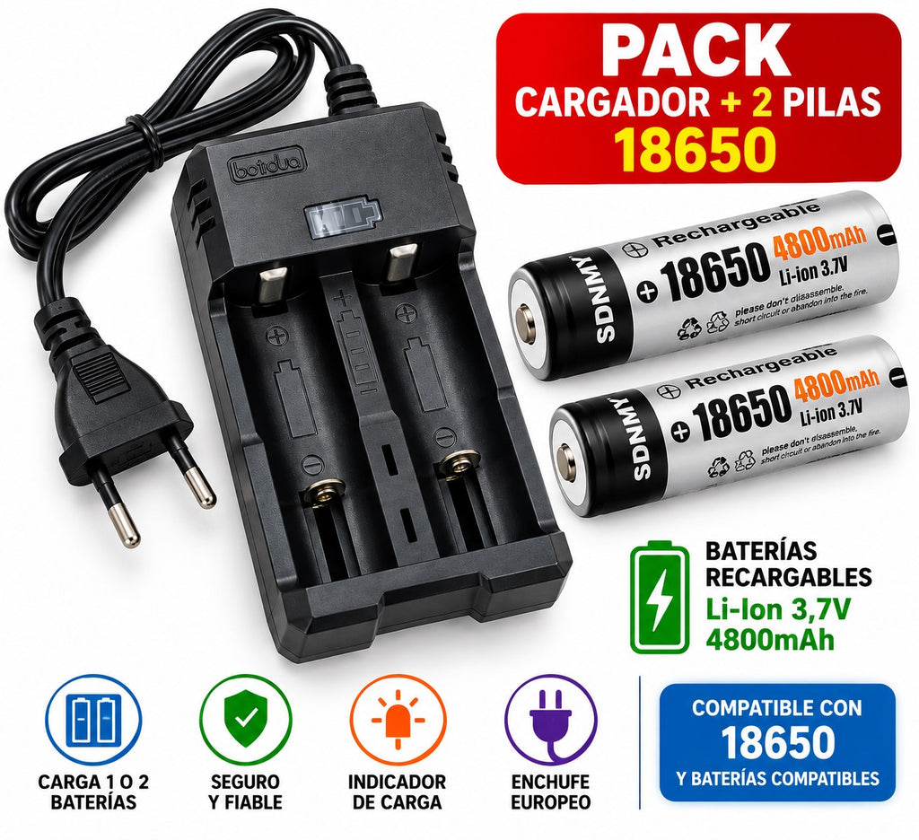 Pack Cargador + 2 Baterías 18650 Recargables 3,7V 4800mAh | Cargador Dual Li-Ion