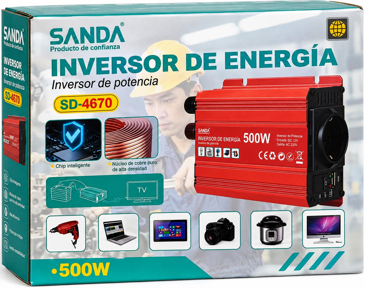 Inversor de Corriente 500W 12V a 230V | Pico 800W | USB y Pinzas de Batería