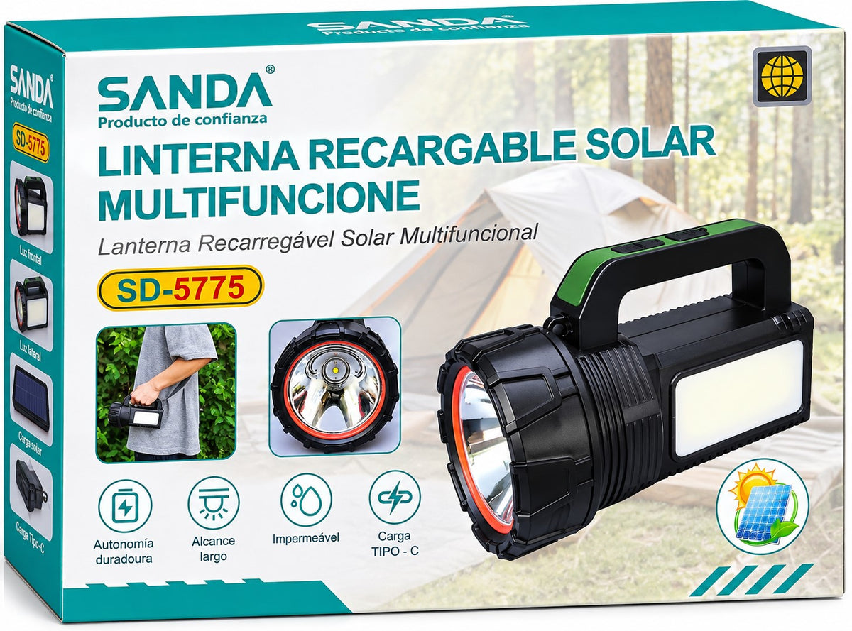Linterna Solar Recargable | Multifunción | Luz Frontal y Lateral | USB-C