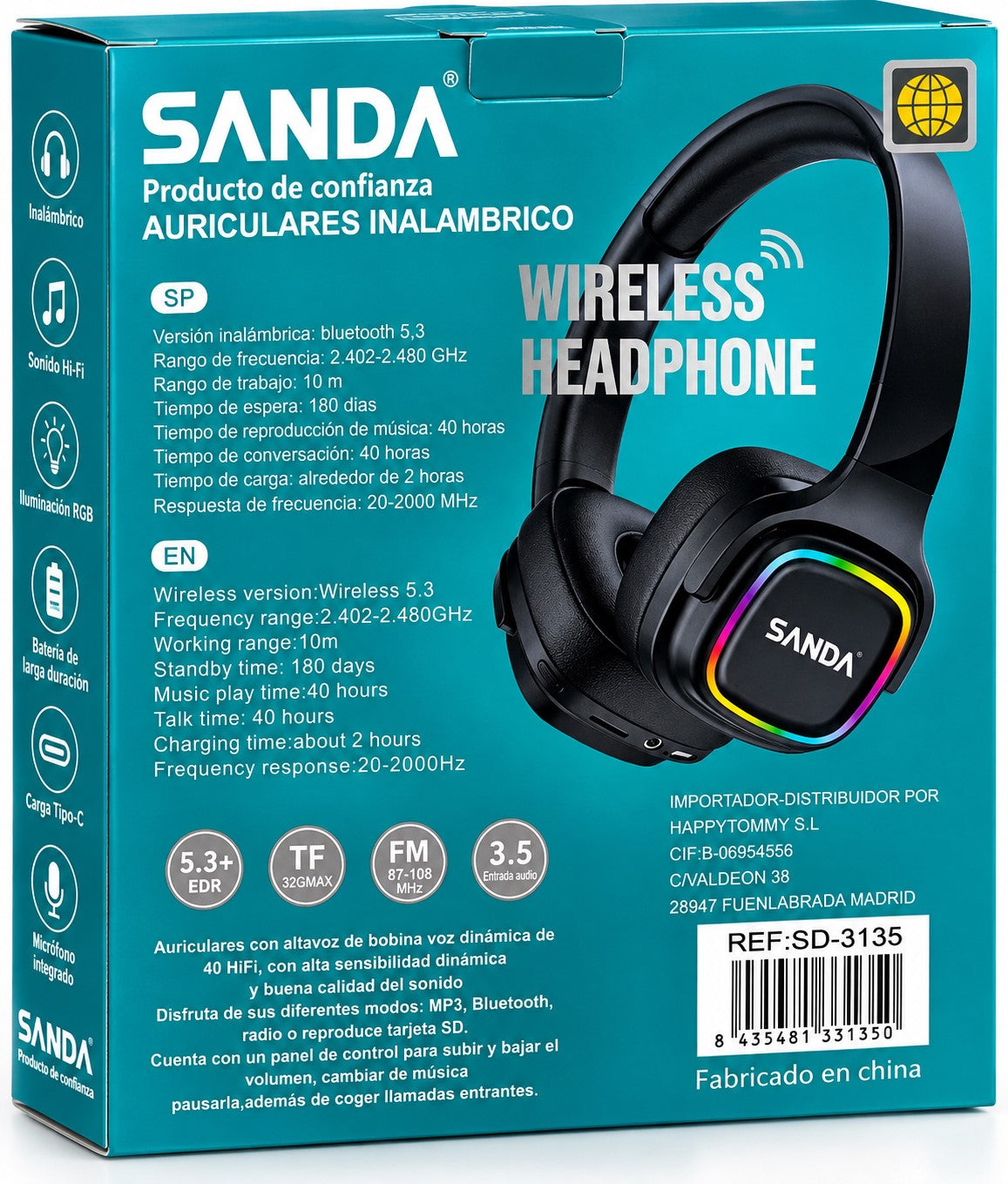 Auriculares Inalámbricos Bluetooth 5.3 | 40 Horas, RGB, FM y TF