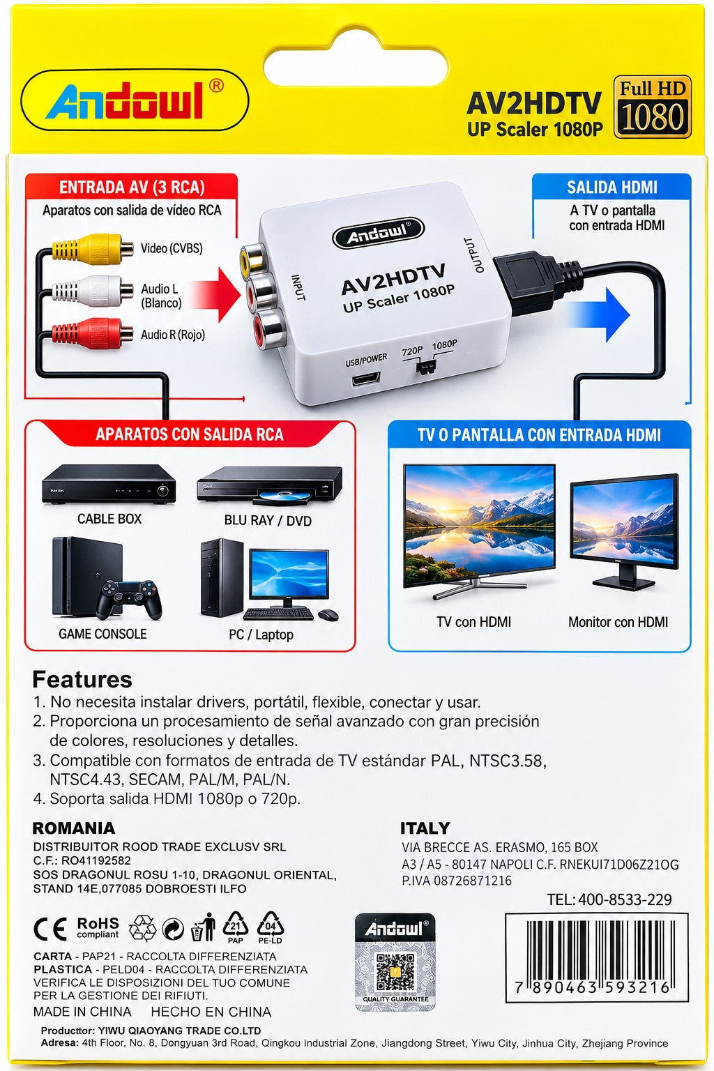 Conversor | Convertidor AV RCA a HDMI | Adaptador de Vídeo y Audio Full HD 1080p