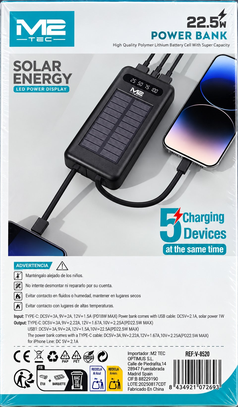 Power Bank Solar 20000mAh M2 TEC M-938 | Carga Rápida 22,5W | Cables Integrados y Pantalla LED
