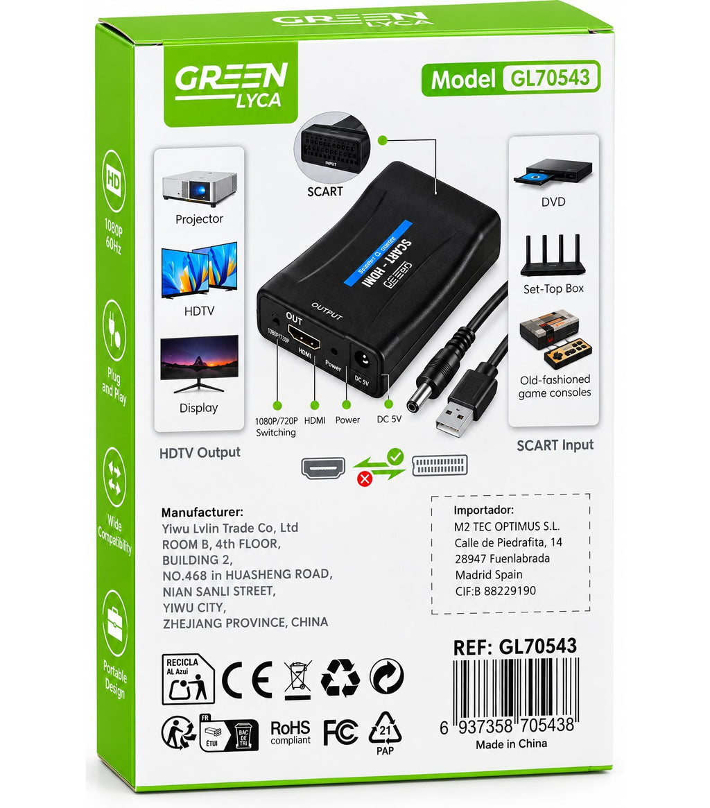 Convertidor | Conversor Euroconector SCART a HDMI GREEN LYCA GL70543 | Full HD 1080p 60Hz | Alimentación USB