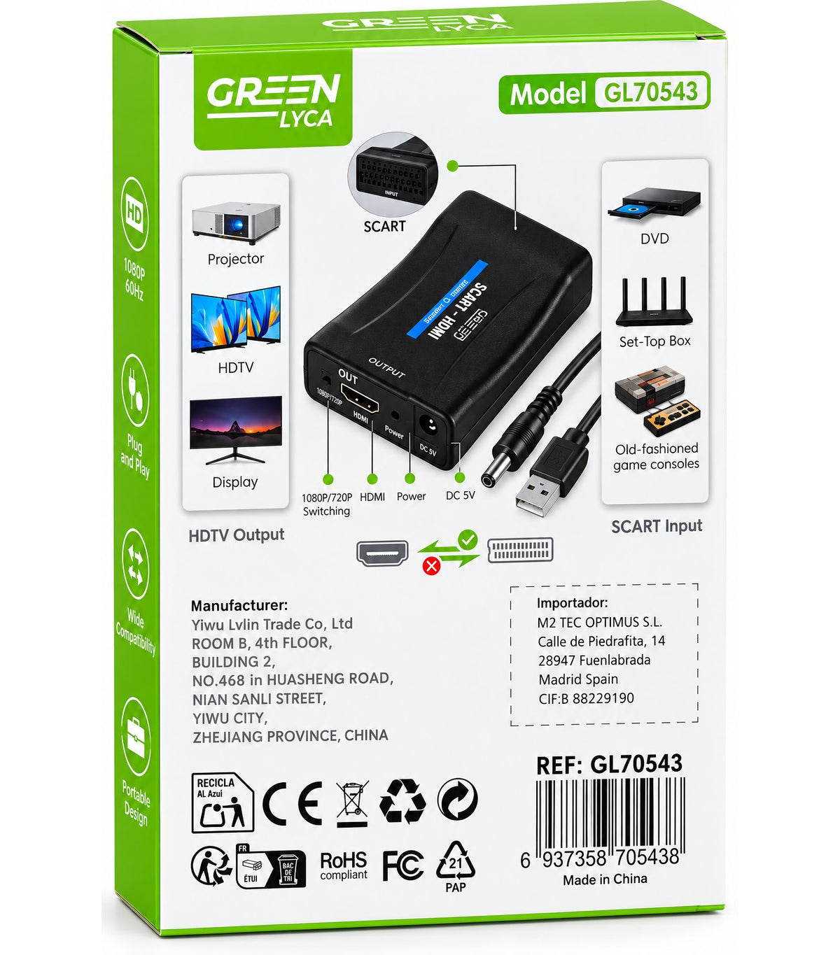 Convertidor | Conversor Euroconector SCART a HDMI GREEN LYCA GL70543 | Full HD 1080p 60Hz | Alimentación USB