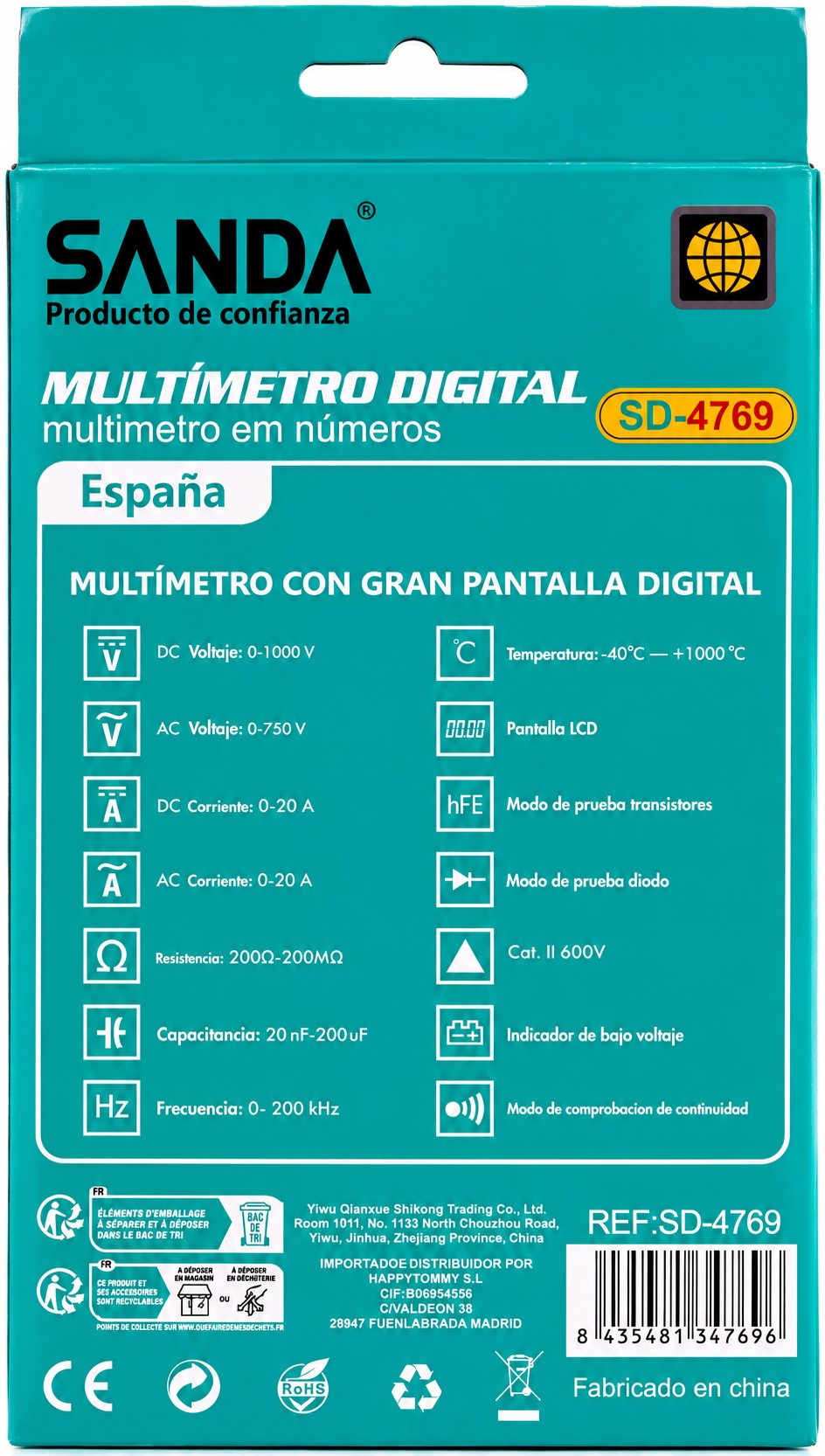 Multímetro Digital | Pantalla LCD, 20A | Pilas Incluidas