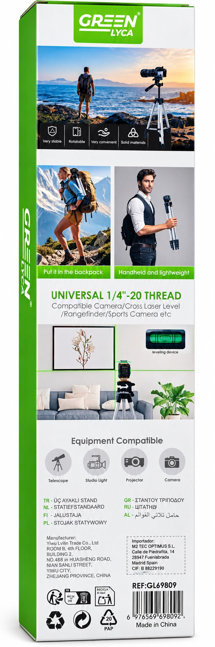 Trípode Universal Green Lyca 120 cm | Extensible y Plegable | Rosca 1/4" | GL69809