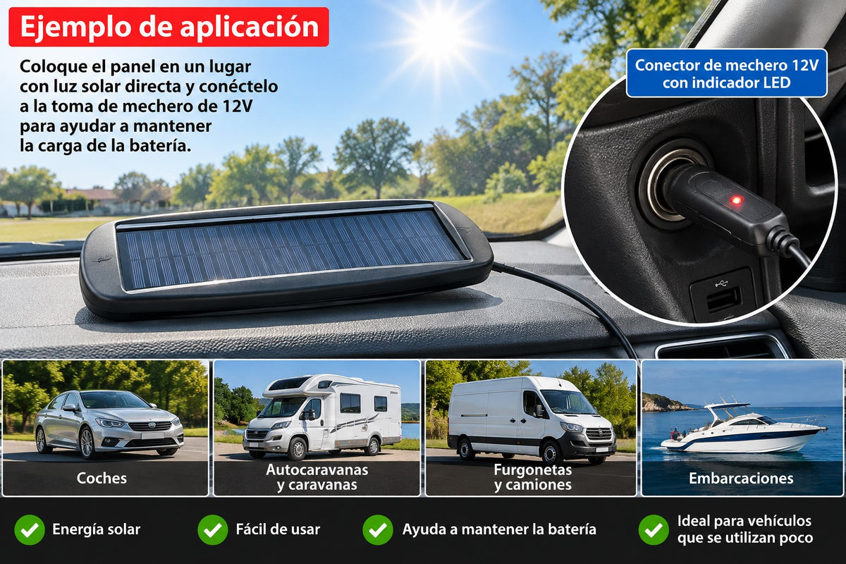 Cargador Solar de Batería 12V para Coche | Panel Solar con Conector de Mechero | AUTO WAY