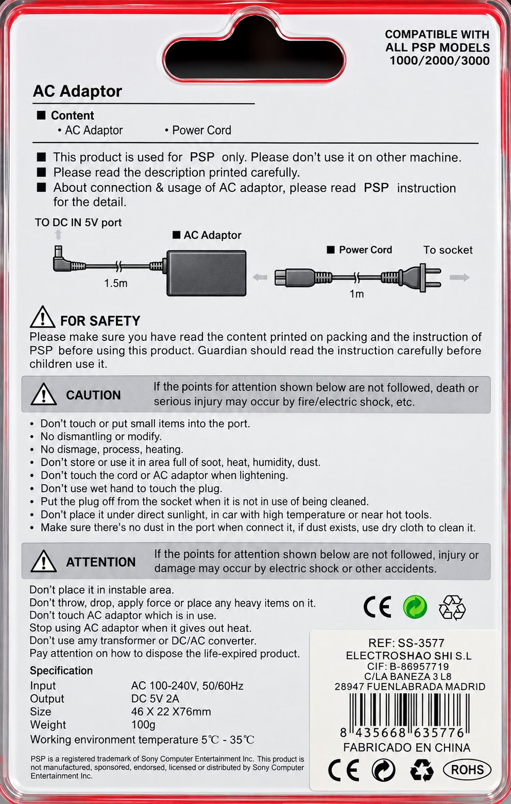 Cargador para PSP 1000/2000/3000 | Adaptador de Corriente 5V 2A 10W | Cable de Alimentación Incluido