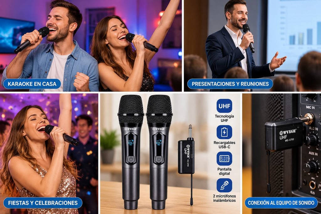 Micrófono Inalámbrico UHF WWNGR WG-U702 | Pack 2 Micrófonos + Receptor | Recargables USB-C